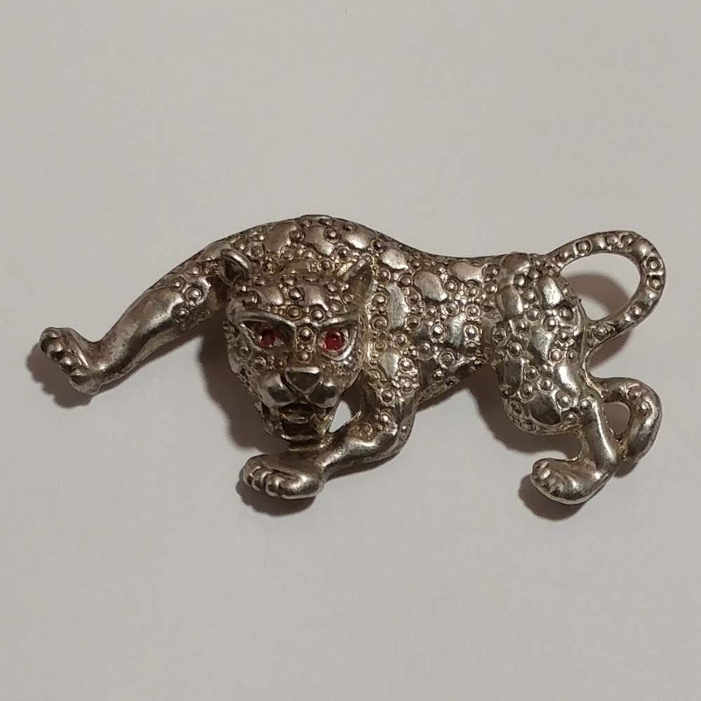 Tiger Brooch/Pin - Silver Metal and Red Jewel Eyes
